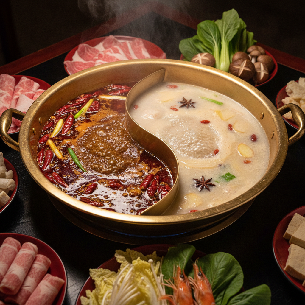 鴛鴦火鍋 — 麻辣と白湯のスープ